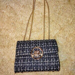 Neiman Marcus Tweed Black Small  Quilted Chain Crossbody Clutch